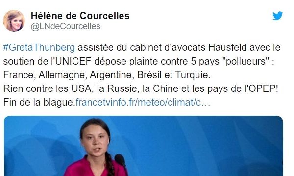 Un des contenus partagés par les "anti" Greta. Tweet - H. de Courcelles