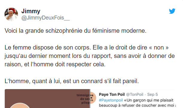 Un des contenus partagés par les critiques du féminisme. Tweet - JimmyDeuxFois