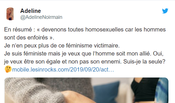 Un des contenus partagés par les critiques du féminisme. Tweet - AdelineNoirmain