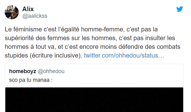 Un des contenus partagés par les critiques du féminisme. Tweet - aalickss