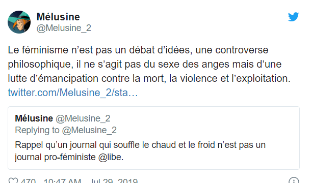 Un des contenus partagés par les pro-féministes. Tweet - Melusine_2